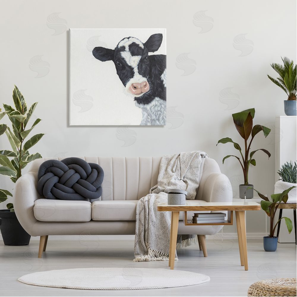 Ashley Justice Black White Minimal Design Calf Cow Cattle Painting Canvas Wall Art in Room