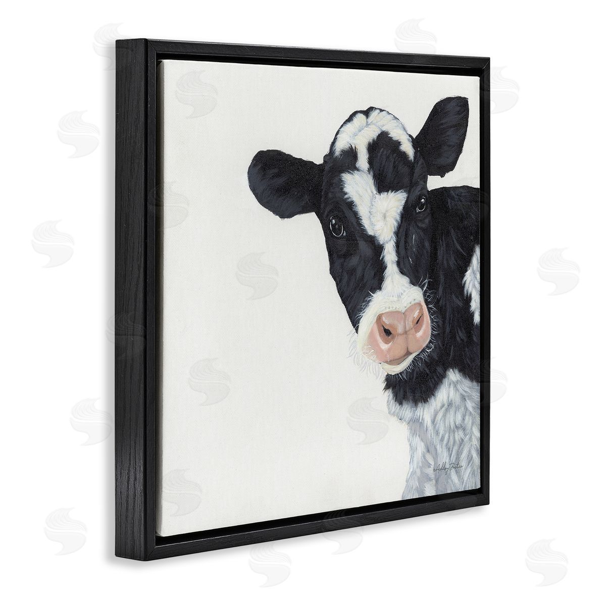 Ashley Justice Black White Minimal Design Calf Cow Cattle Painting Black Floating Frame Canvas Wall Art Print