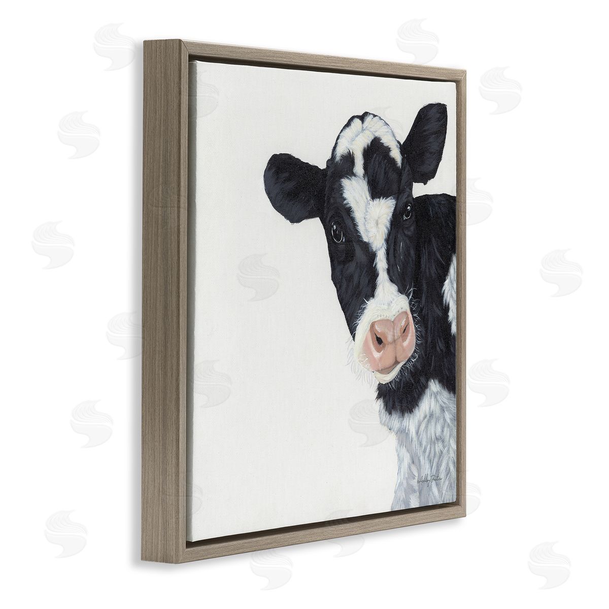 Ashley Justice Black White Minimal Design Calf Cow Cattle Painting Brown Floating Frame Canvas Wall Art Print