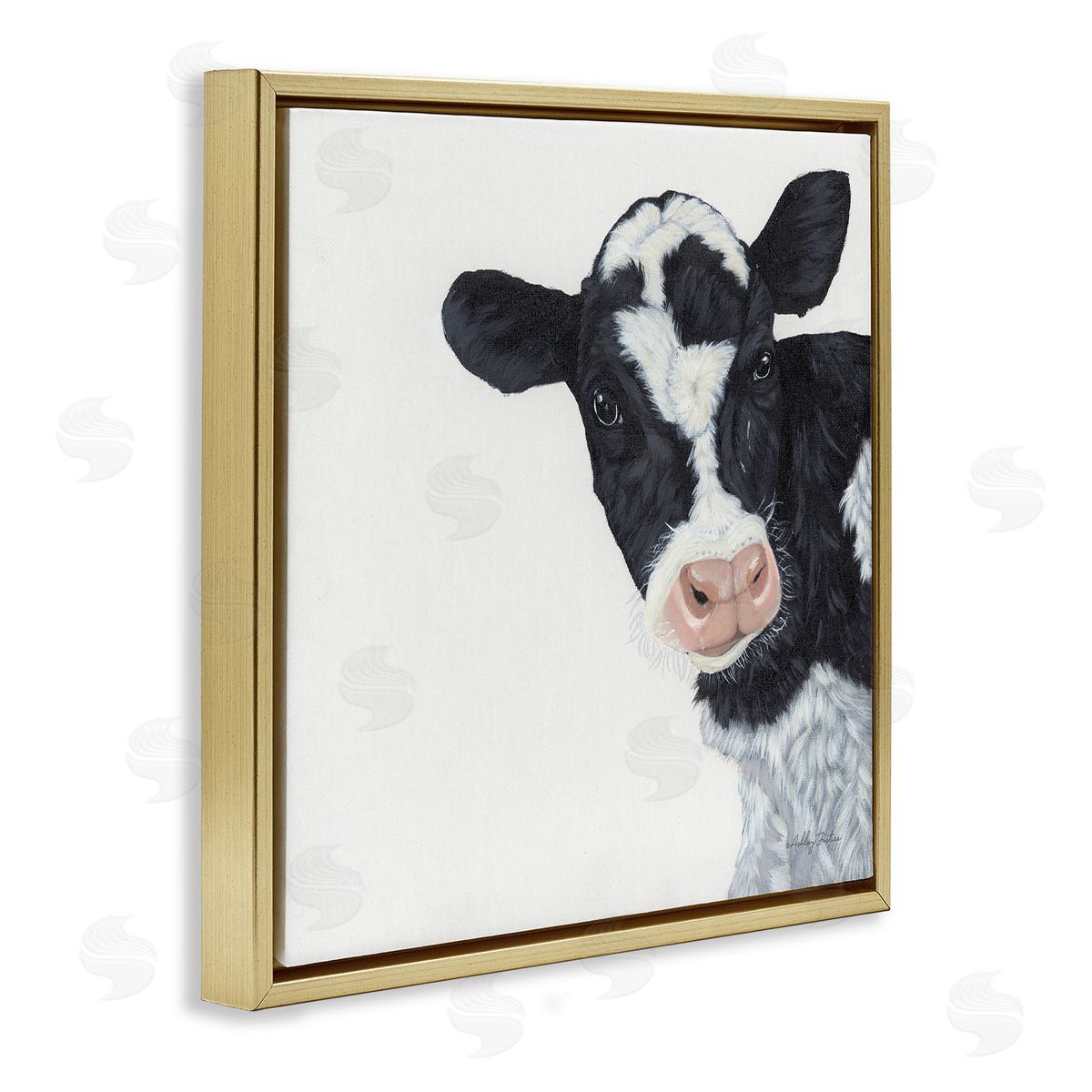 Ashley Justice Black White Minimal Design Calf Cow Cattle Painting Gold Floating Frame Canvas Wall Art Print