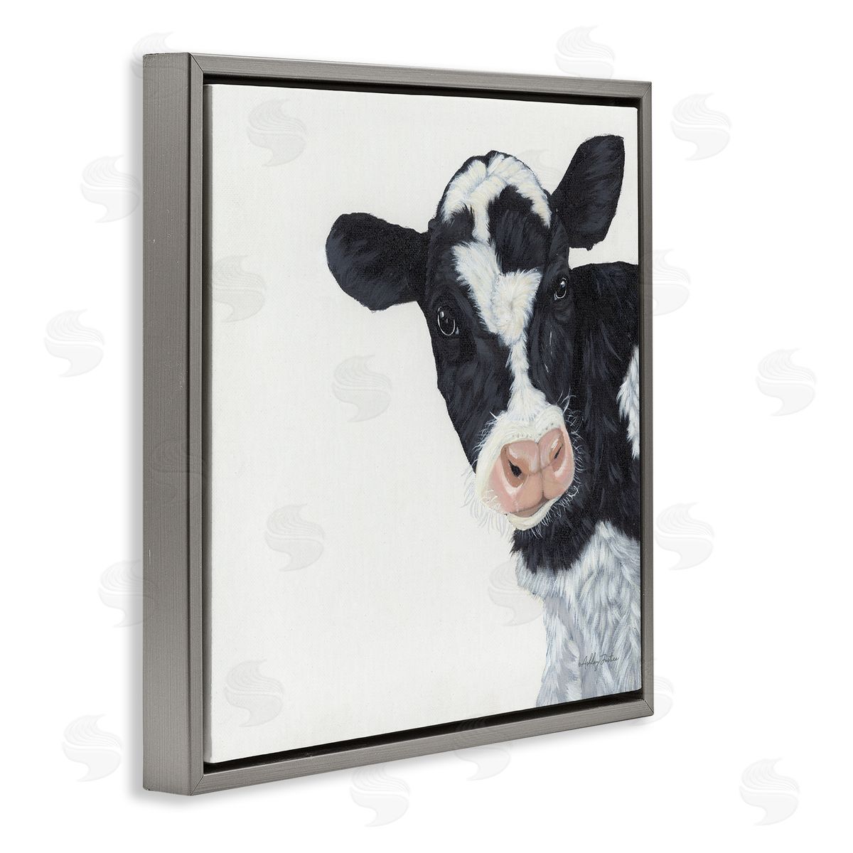 Ashley Justice Black White Minimal Design Calf Cow Cattle Painting Gray Floating Frame Canvas Wall Art Print
