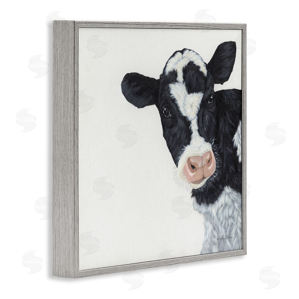 Ashley Justice Black White Minimal Design Calf Cow Cattle Painting Gray Framed Glicee Wall Art Print