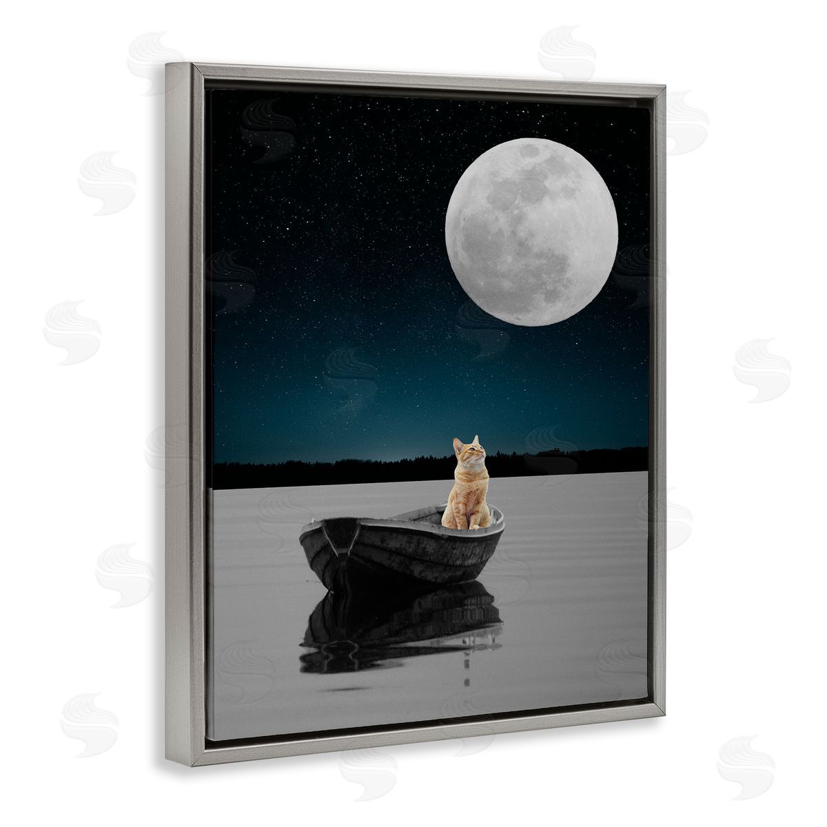 Bellassai Art Orange Cat in Night Rowboat Gray Floating Frame Canvas Wall Art Print