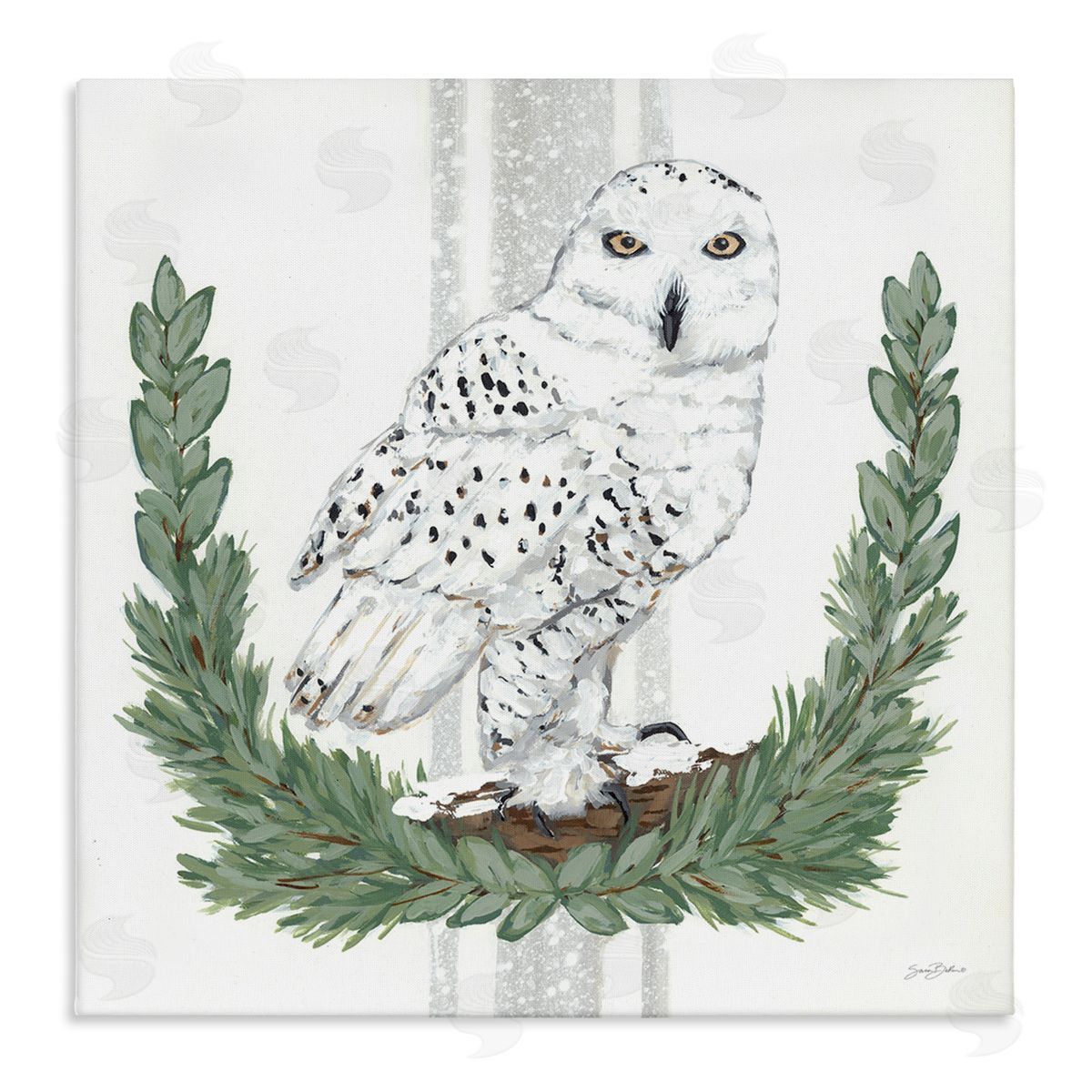Sara Baker Charming Laurels Surrounding Wise Snowy Owl Illustration  Stretched Canvas Wall Art Print