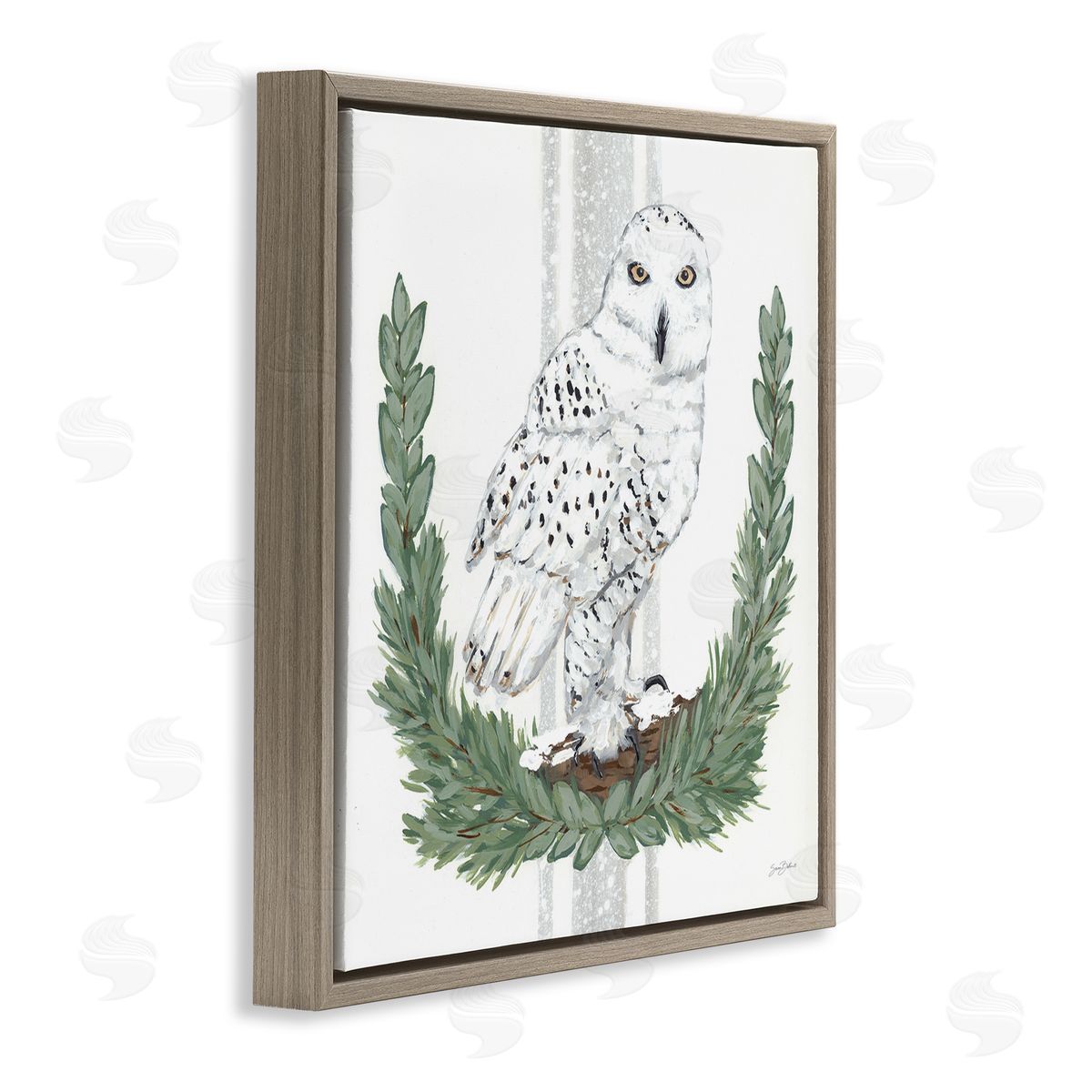 Sara Baker Charming Laurels Surrounding Wise Snowy Owl Illustration  Brown Floating Frame Canvas Wall Art Print