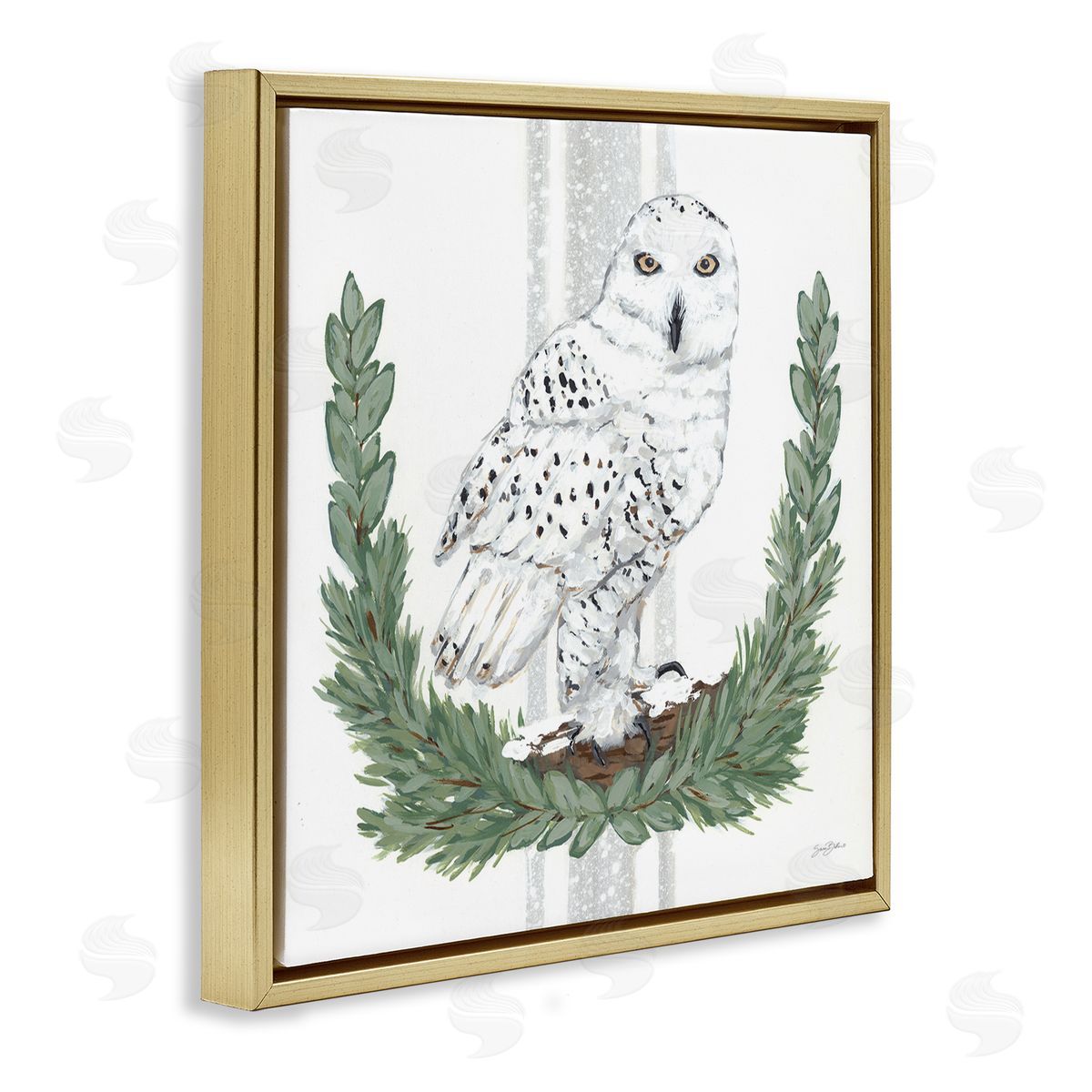 Sara Baker Charming Laurels Surrounding Wise Snowy Owl Illustration  Gold Floating Frame Canvas Wall Art Print