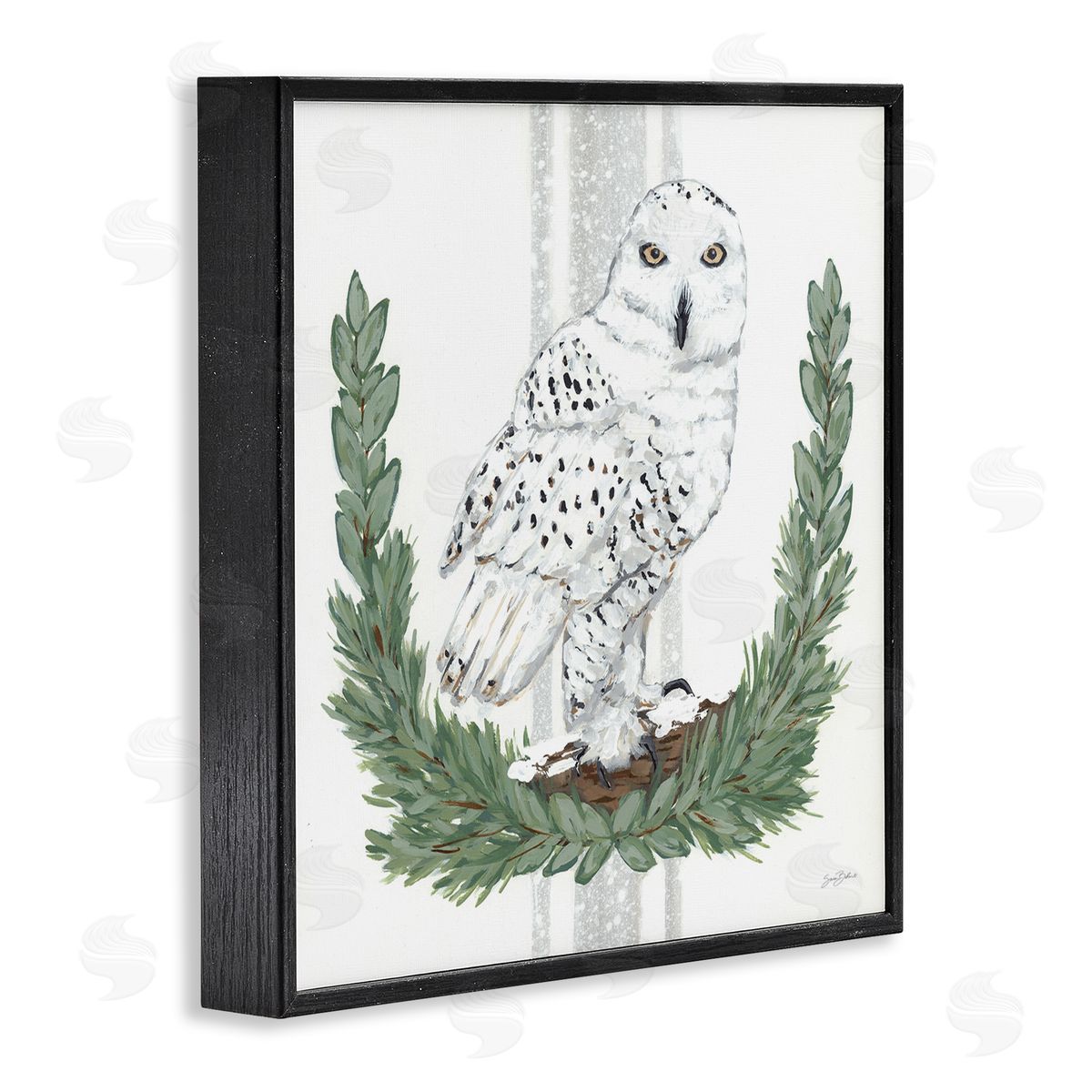 Sara Baker Charming Laurels Surrounding Wise Snowy Owl Illustration  Black Framed Glicee Wall Art Print