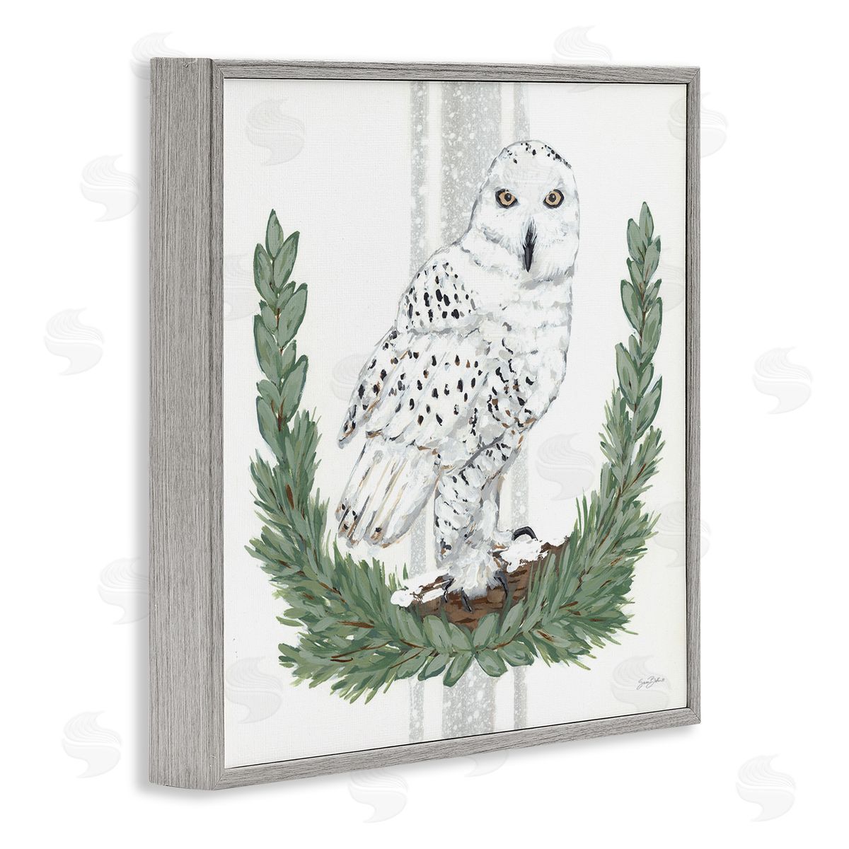 Sara Baker Charming Laurels Surrounding Wise Snowy Owl Illustration  Gray Framed Glicee Wall Art Print