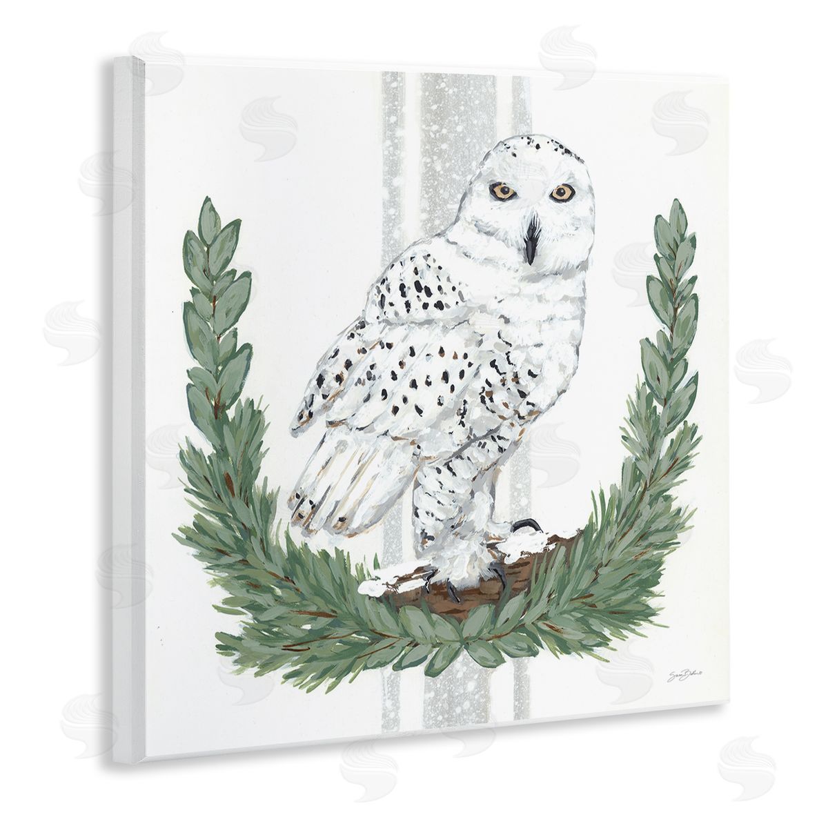 Sara Baker Charming Laurels Surrounding Wise Snowy Owl Illustration  Wooden Wall Plaque Art Print