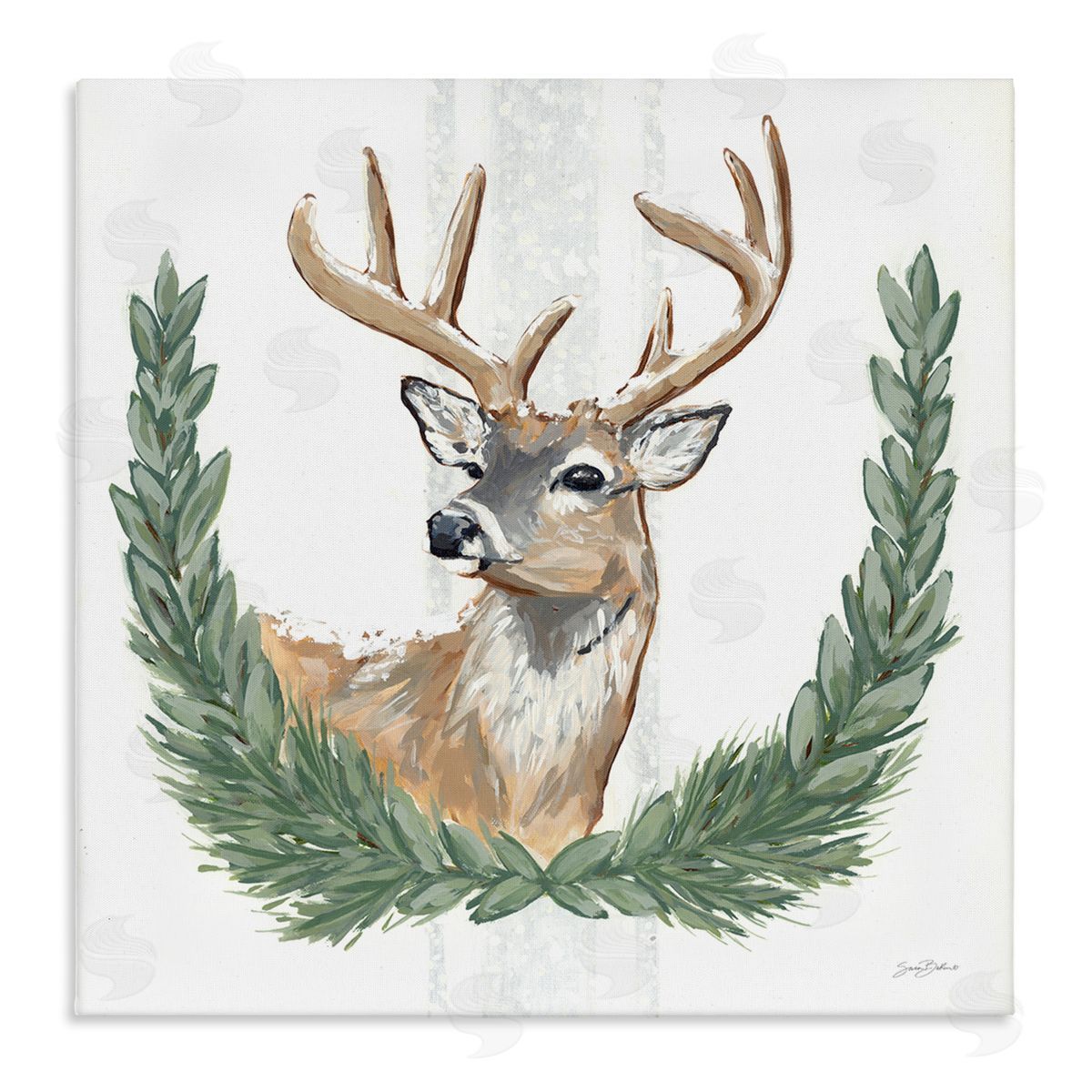 Sara Baker Elegant Deer Antlers Laurels Portrait White Background  Stretched Canvas Wall Art Print