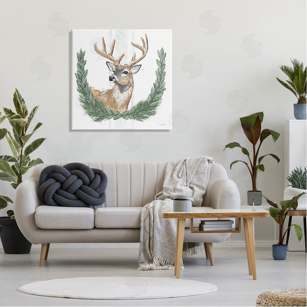 Sara Baker Elegant Deer Antlers Laurels Portrait White Background  Canvas Wall Art in Room