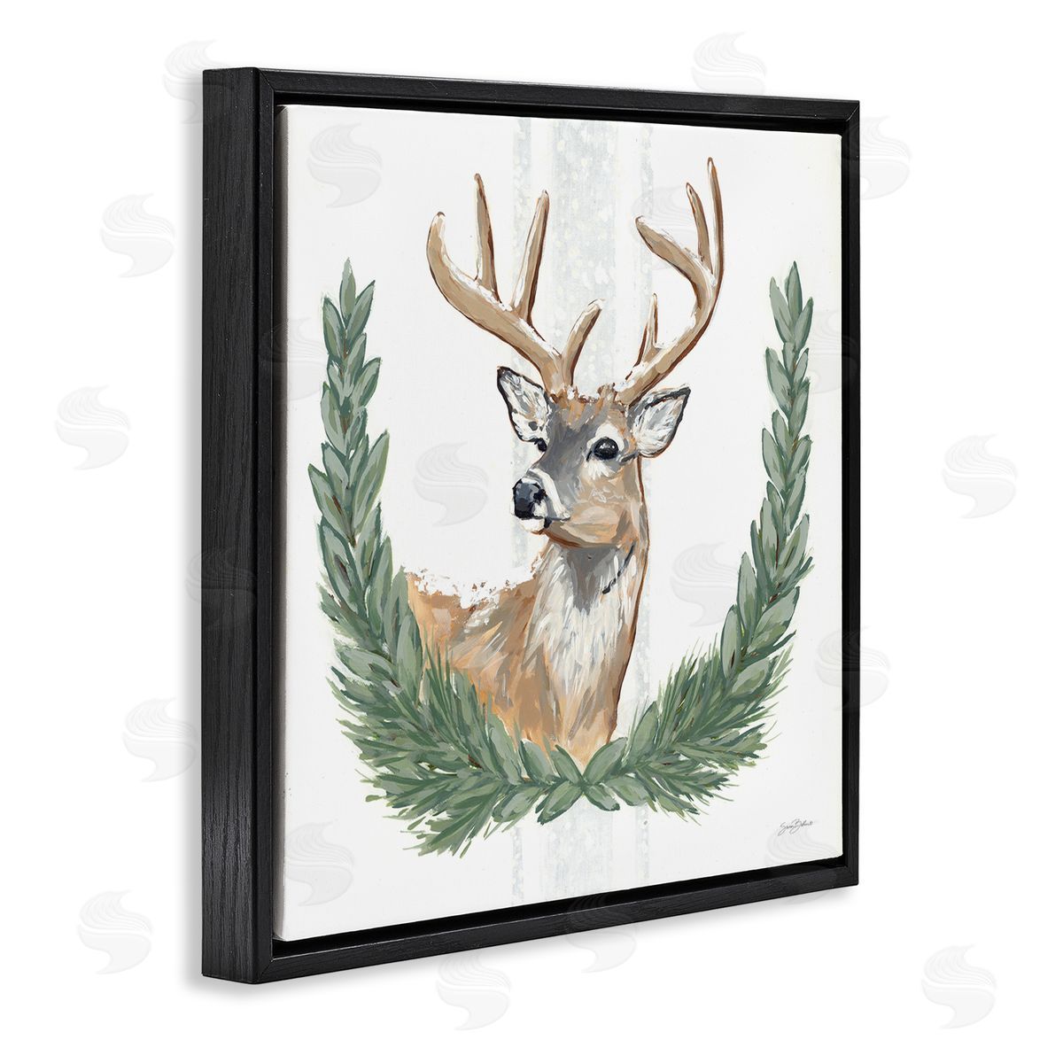 Sara Baker Elegant Deer Antlers Laurels Portrait White Background  Black Floating Frame Canvas Wall Art Print