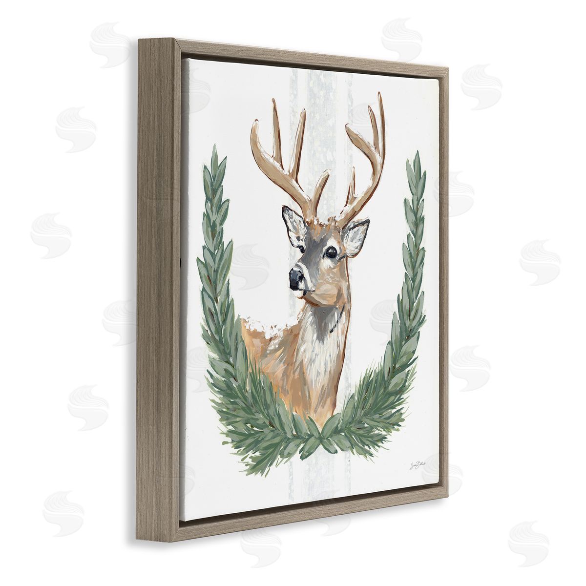 Sara Baker Elegant Deer Antlers Laurels Portrait White Background  Brown Floating Frame Canvas Wall Art Print