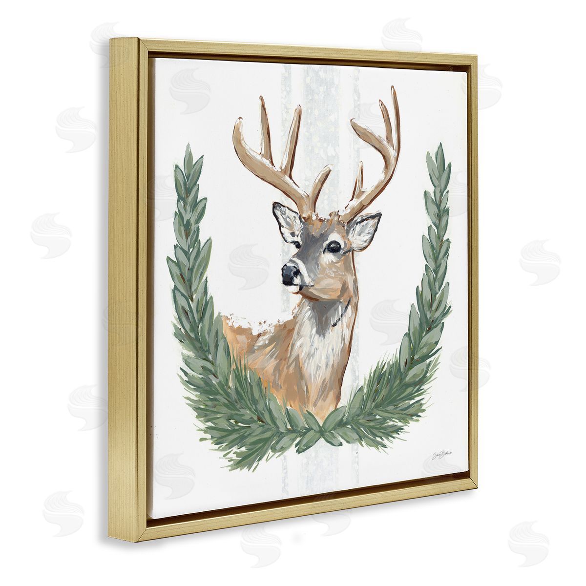 Sara Baker Elegant Deer Antlers Laurels Portrait White Background  Gold Floating Frame Canvas Wall Art Print