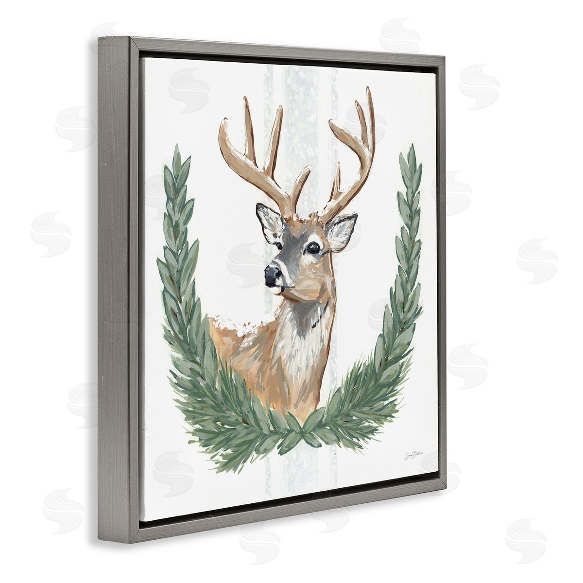 Sara Baker Elegant Deer Antlers Laurels Portrait White Background  Gray Floating Frame Canvas Wall Art Print