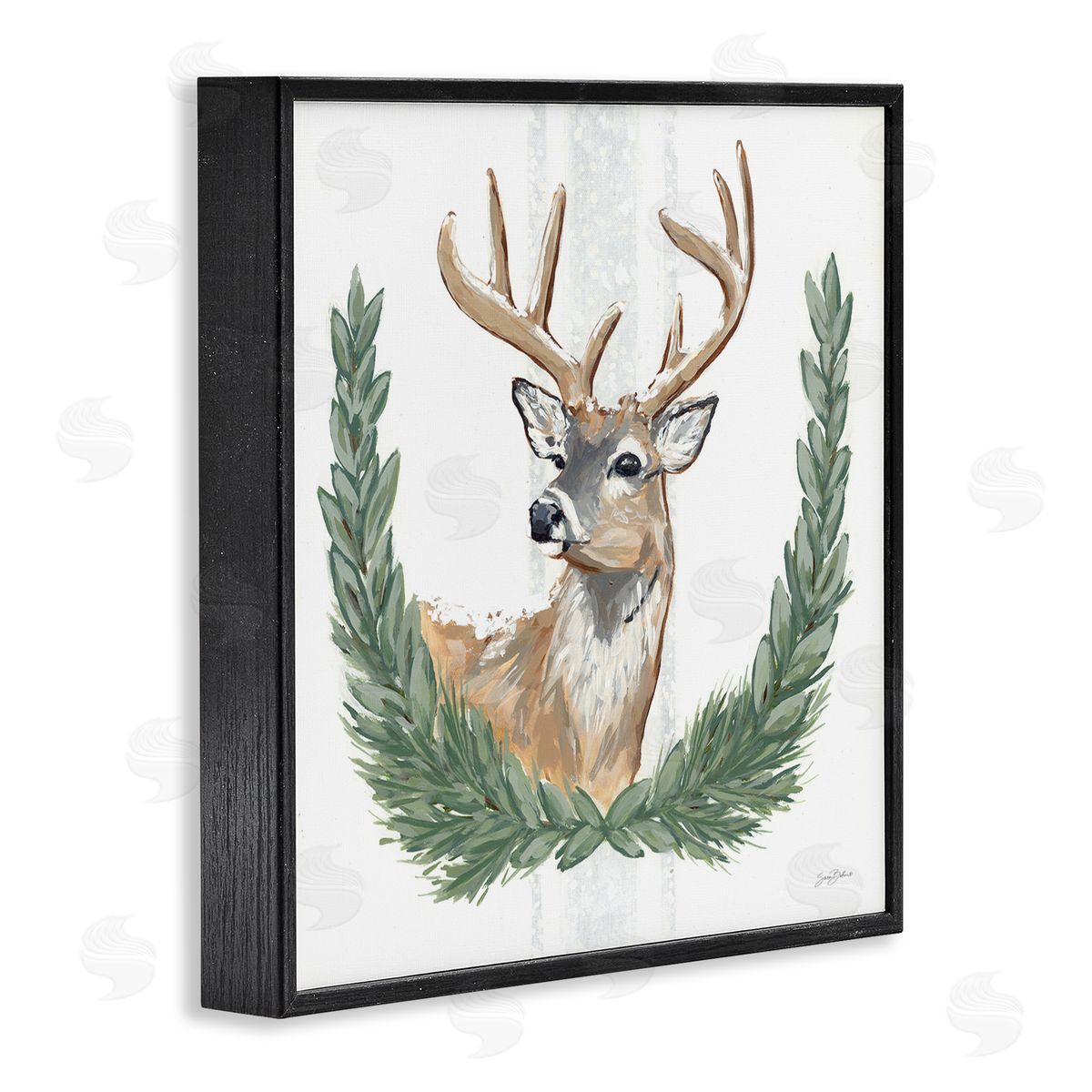 Sara Baker Elegant Deer Antlers Laurels Portrait White Background  Black Framed Glicee Wall Art Print