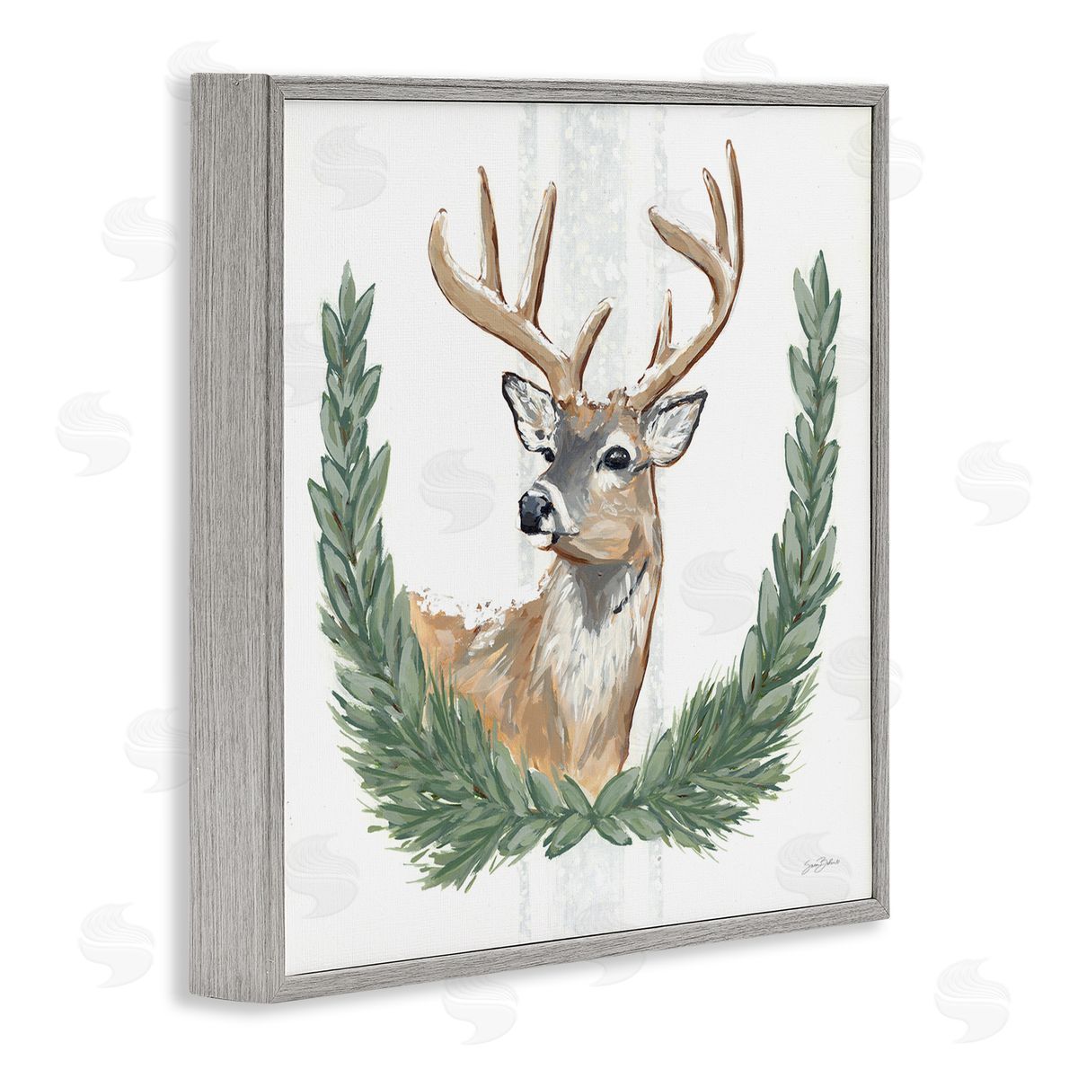 Sara Baker Elegant Deer Antlers Laurels Portrait White Background  Gray Framed Glicee Wall Art Print