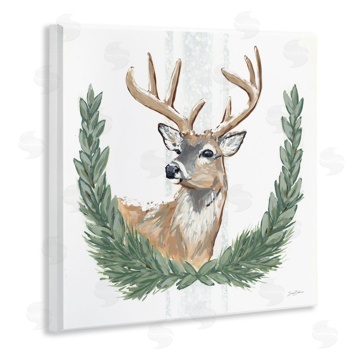 Sara Baker Elegant Deer Antlers Laurels Portrait White Background  Wooden Wall Plaque Art Print