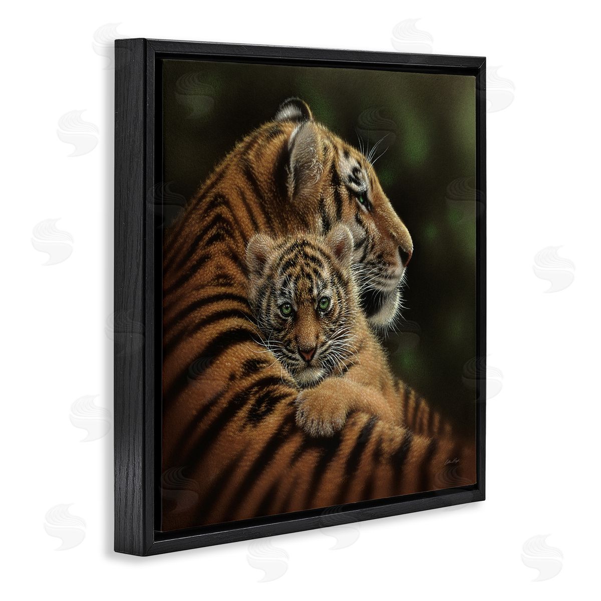 Collin Bogle Adorable Sweet Mom Tiger Holding Baby Cub Detailed Portrait  Black Floating Frame Canvas Wall Art Print
