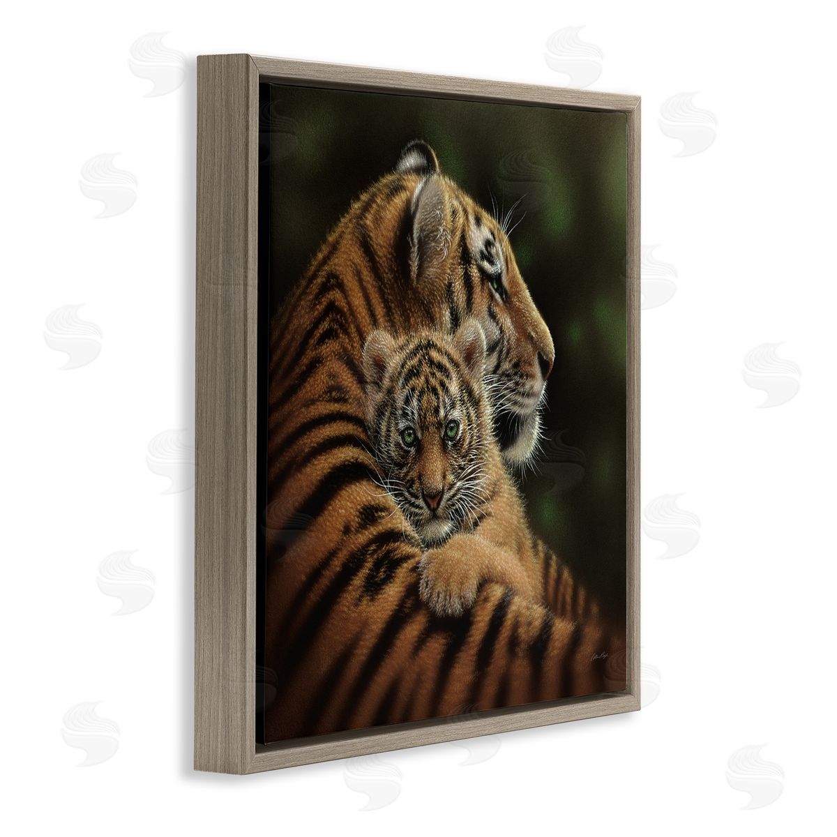 Collin Bogle Adorable Sweet Mom Tiger Holding Baby Cub Detailed Portrait  Brown Floating Frame Canvas Wall Art Print