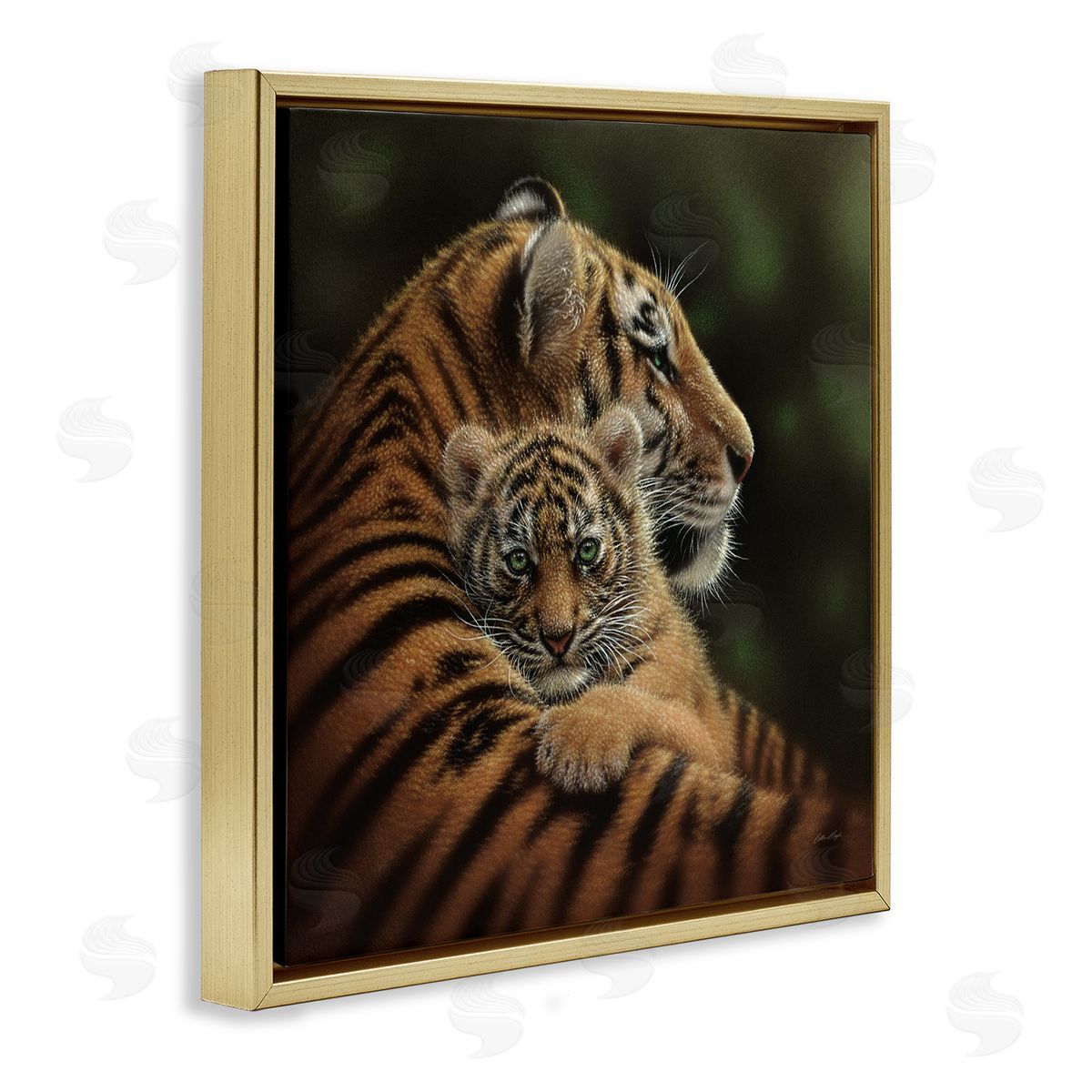 Collin Bogle Adorable Sweet Mom Tiger Holding Baby Cub Detailed Portrait  Gold Floating Frame Canvas Wall Art Print