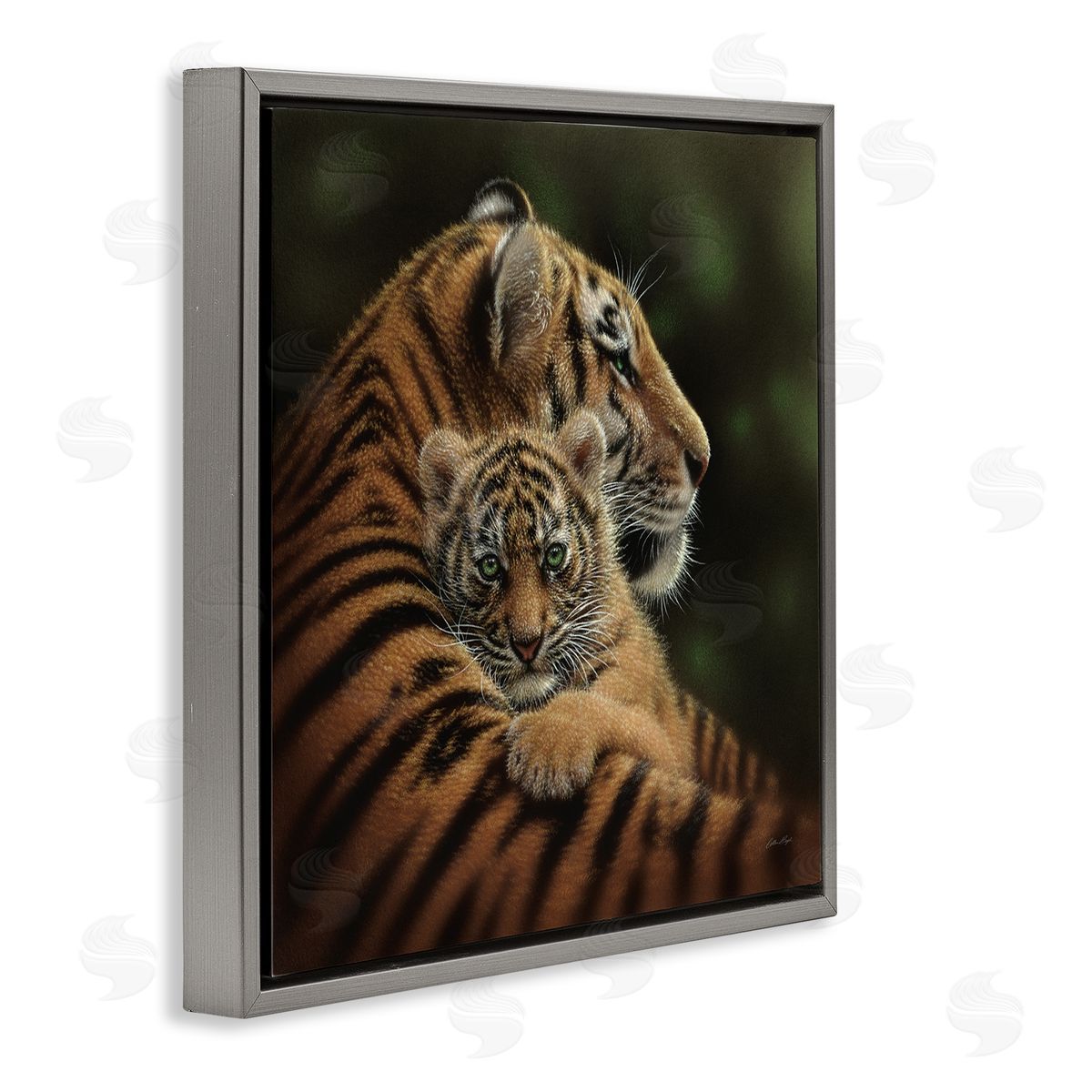 Collin Bogle Adorable Sweet Mom Tiger Holding Baby Cub Detailed Portrait  Gray Floating Frame Canvas Wall Art Print