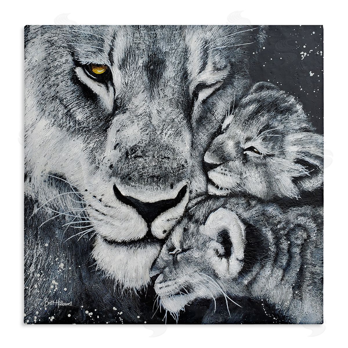 Britt Hallowell Loving Baby Tigers Cuddling Mother Monochrome Portrait  Stretched Canvas Wall Art Print