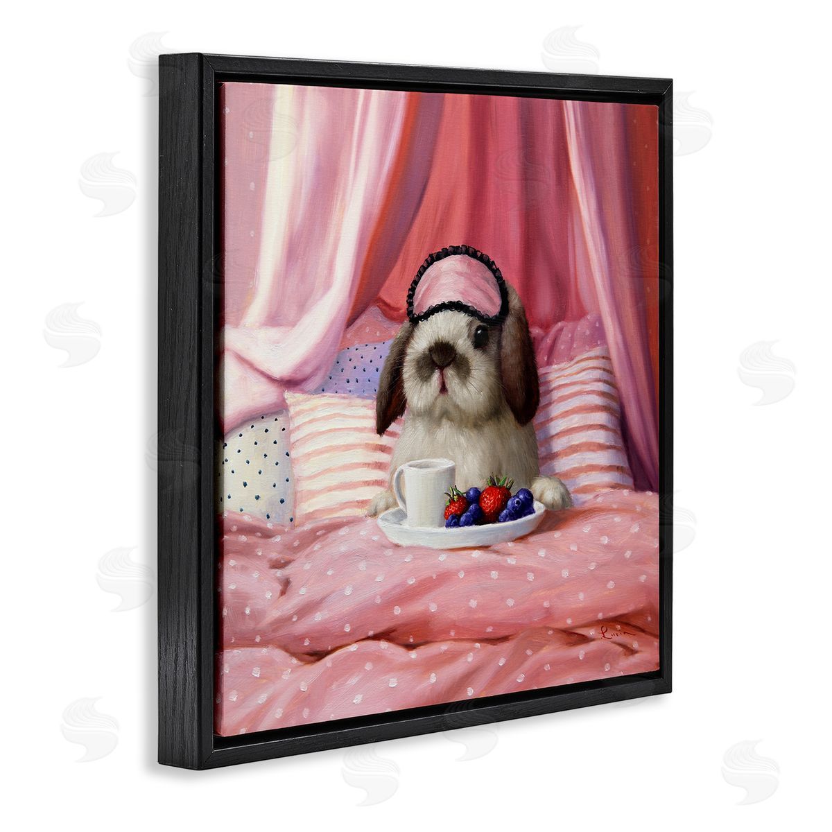 Bunny with Breakfast In Bed Black Floating Frame Canvas Wall Art, Home Decor by Lucia Heffernan