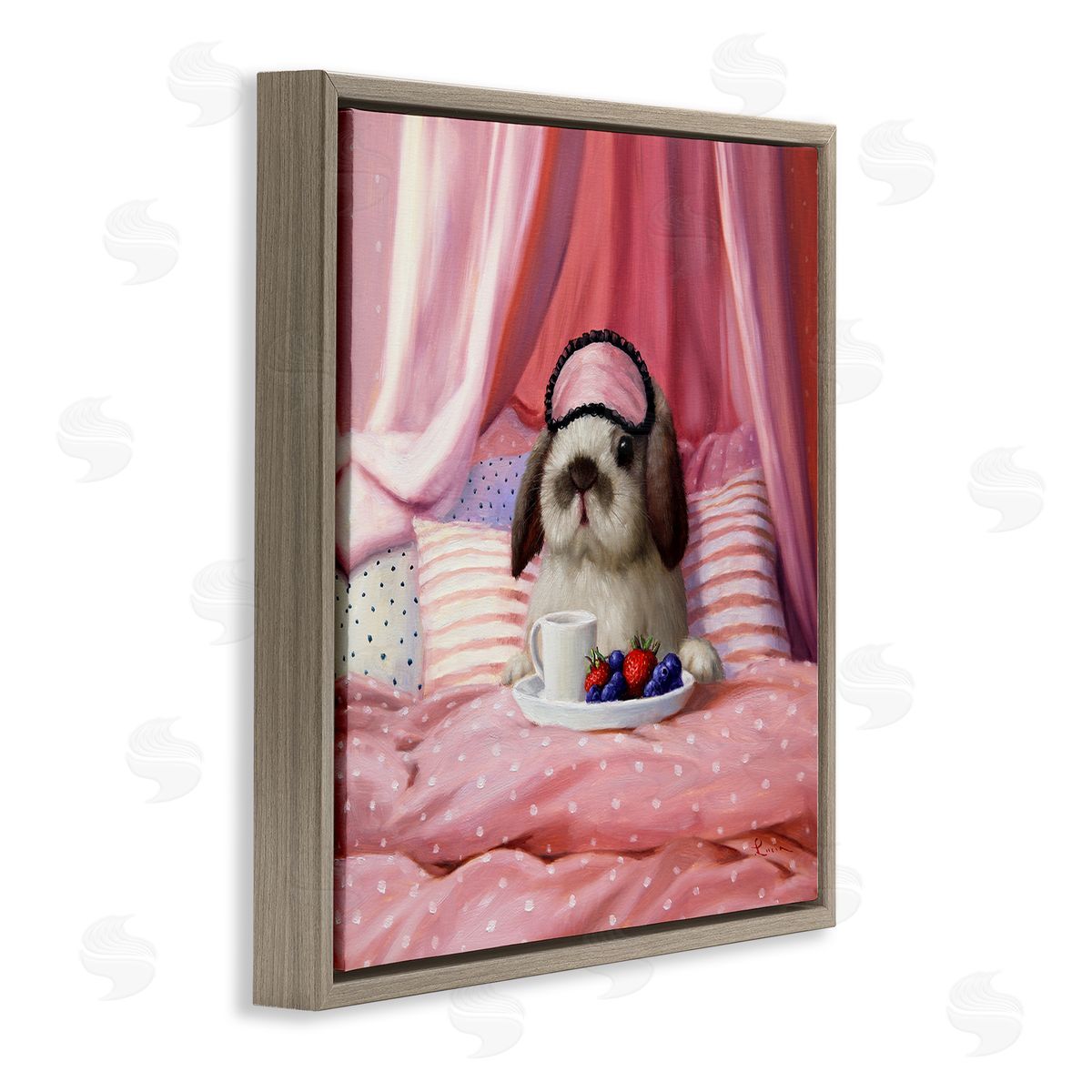 Bunny with Breakfast In Bed Brown Floating Frame Canvas Wall Art, Home Decor by Lucia Heffernan