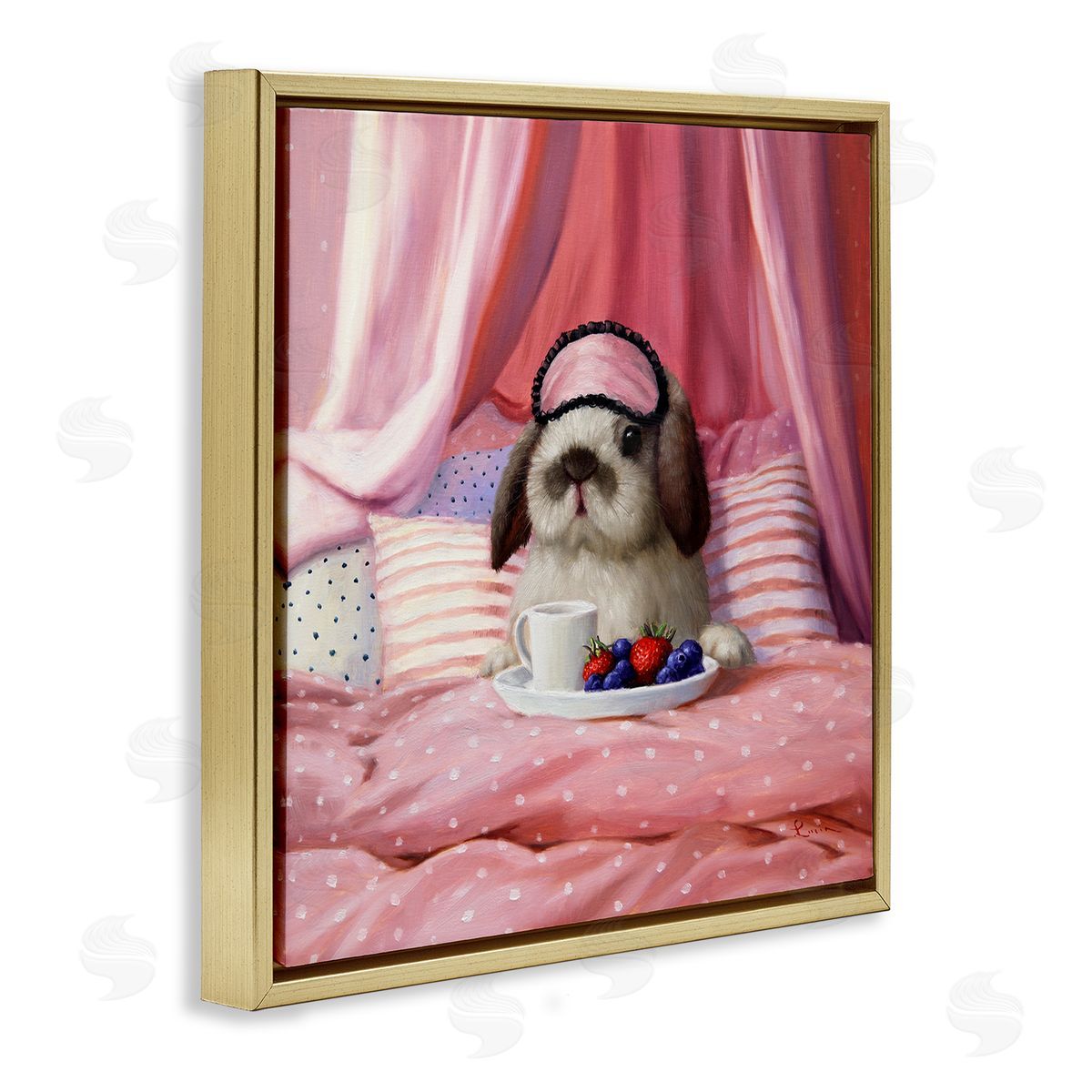 Bunny with Breakfast In Bed Gold Floating Frame Canvas Wall Art, Home Decor by Lucia Heffernan