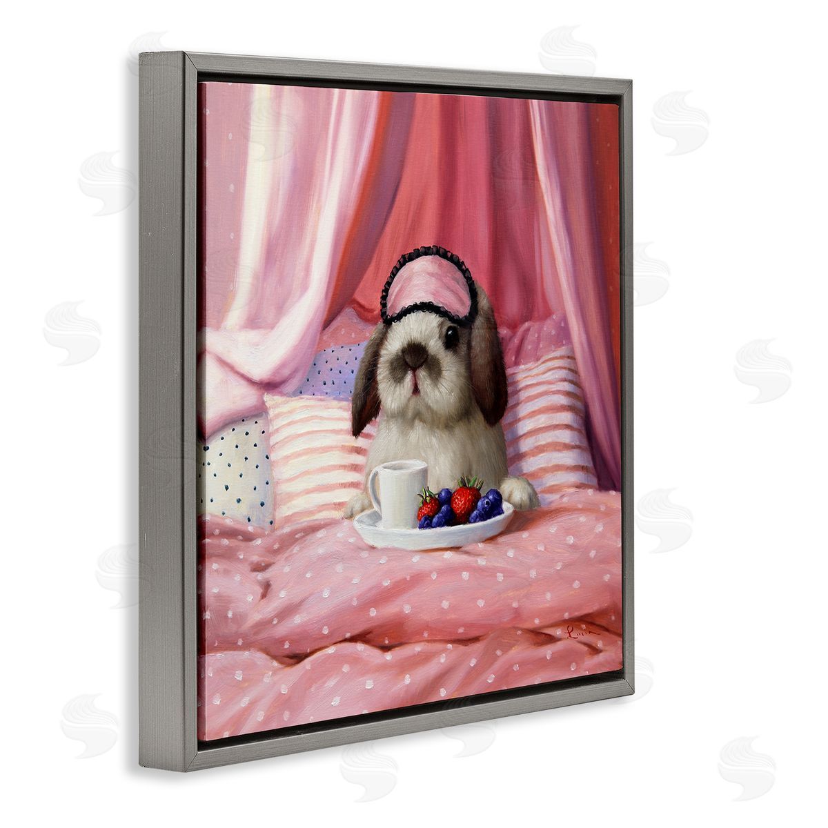 Bunny with Breakfast In Bed Grey Floating Frame Canvas Wall Art, Home Decor by Lucia Heffernan