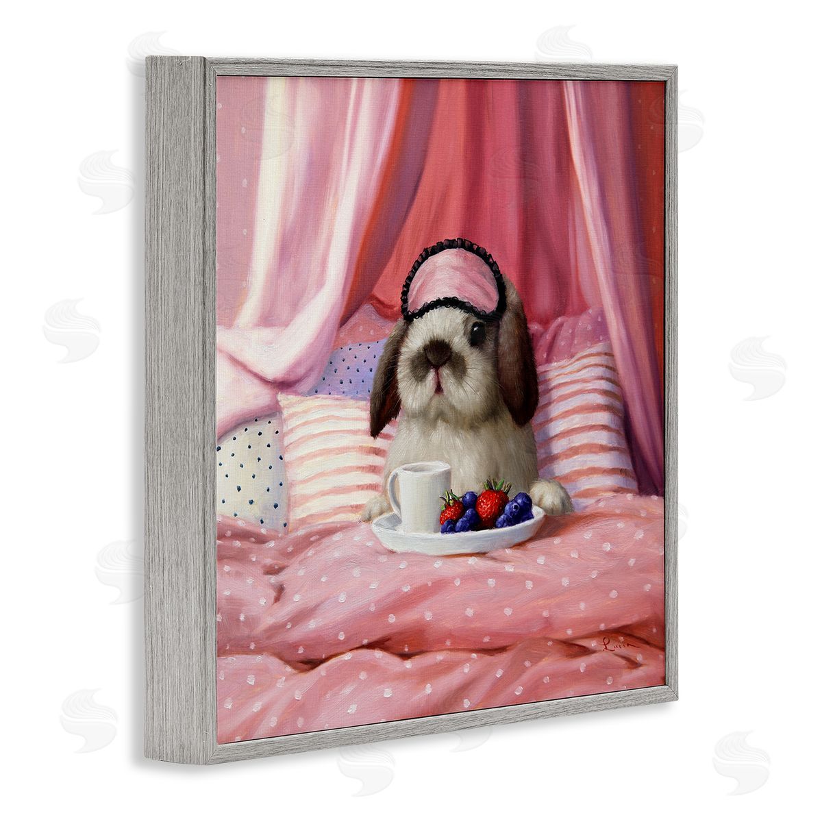 Bunny with Breakfast In Bed Grey Frame Print Wall Art, Home Decor by Lucia Heffernan
