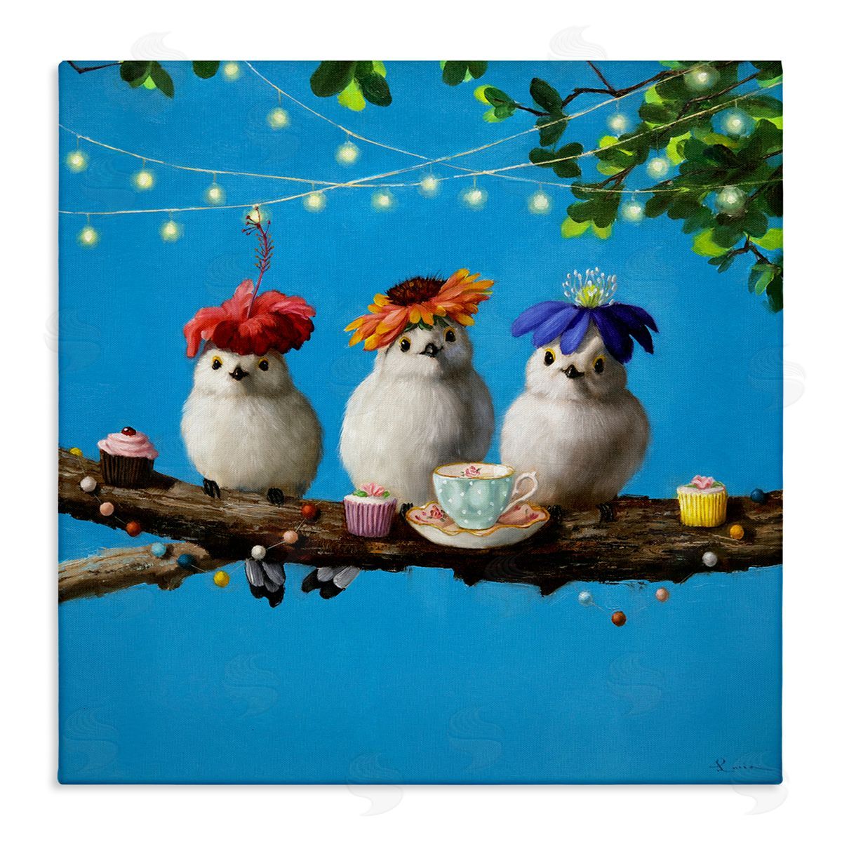 Lucia Heffernan Floral Birds Relaxing Teatime Cupcakes Tree Branch Stretched Canvas Wall Art Print