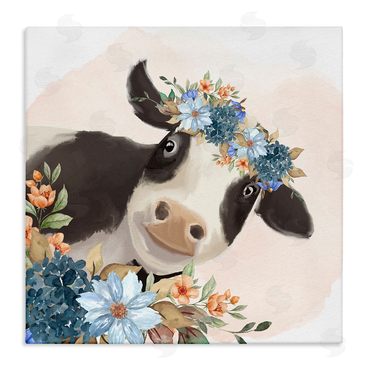 Kim Allen Cute Daisy Blossoms Flower Crown Smiling Cow  Stretched Canvas Wall Art Print
