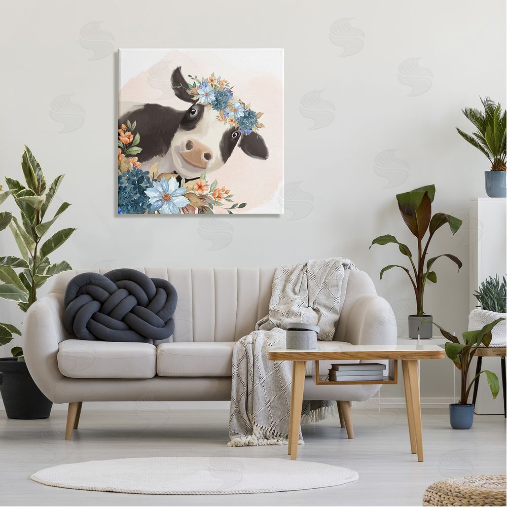 Kim Allen Cute Daisy Blossoms Flower Crown Smiling Cow  Canvas Wall Art in Room