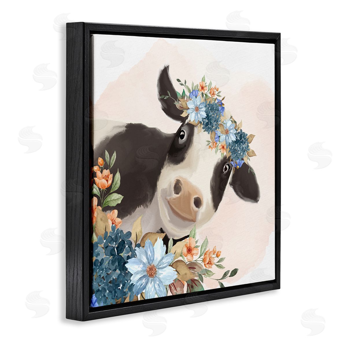 Kim Allen Cute Daisy Blossoms Flower Crown Smiling Cow  Black Floating Frame Canvas Wall Art Print