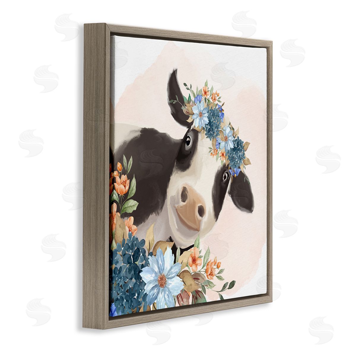 Kim Allen Cute Daisy Blossoms Flower Crown Smiling Cow  Brown Floating Frame Canvas Wall Art Print