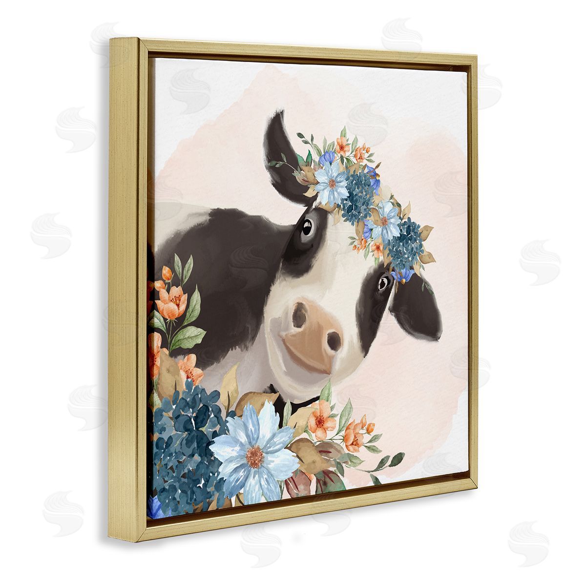 Kim Allen Cute Daisy Blossoms Flower Crown Smiling Cow  Gold Floating Frame Canvas Wall Art Print