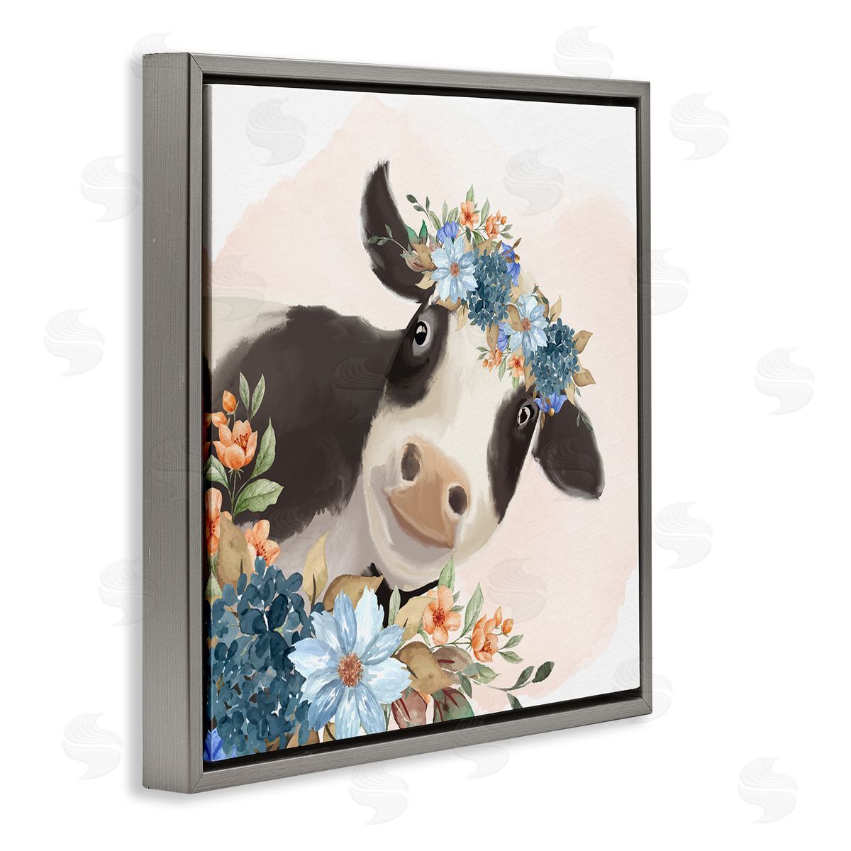 Kim Allen Cute Daisy Blossoms Flower Crown Smiling Cow  Gray Floating Frame Canvas Wall Art Print