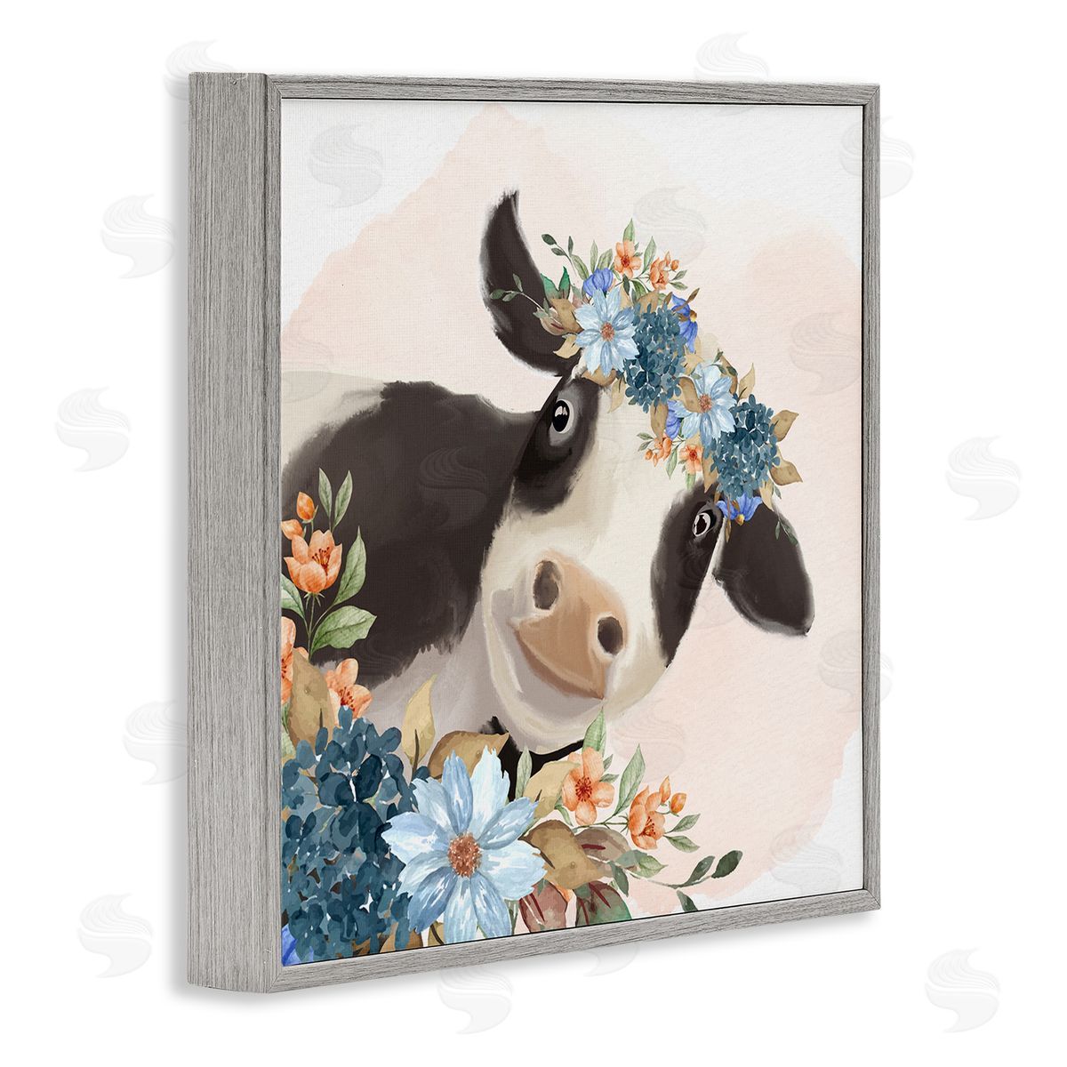 Kim Allen Cute Daisy Blossoms Flower Crown Smiling Cow  Gray Framed Glicee Wall Art Print