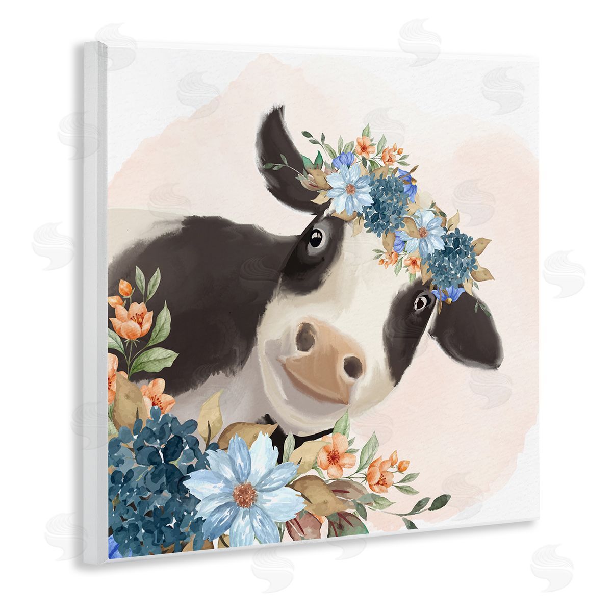 Kim Allen Cute Daisy Blossoms Flower Crown Smiling Cow  Wooden Wall Plaque Art Print