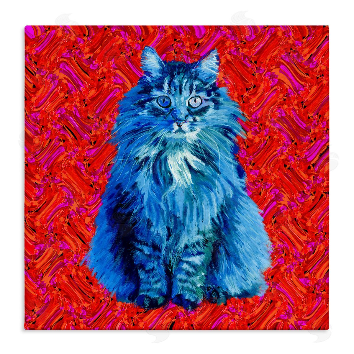 Lynnda Rakos Modern Pop Design Bold Red Blue Longhair Cat Stretched Canvas Wall Art Print