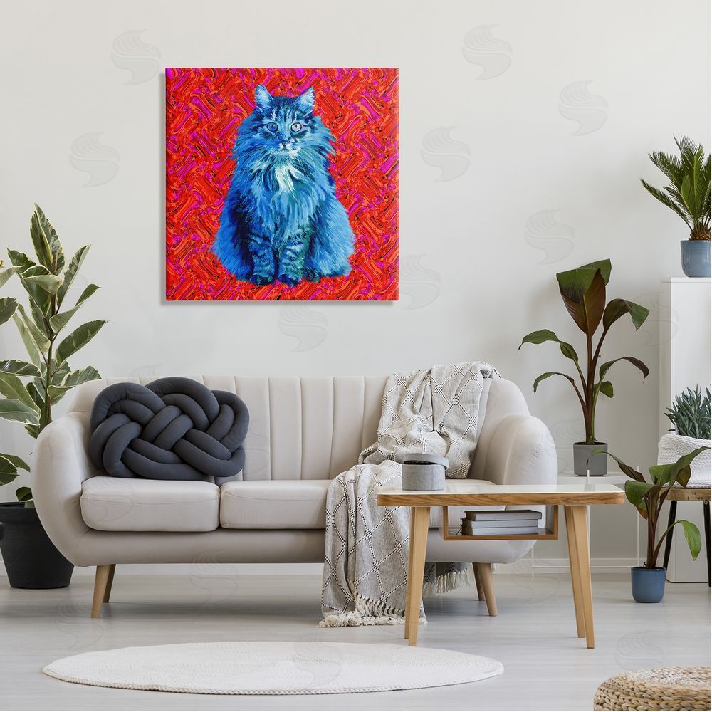 Lynnda Rakos Modern Pop Design Bold Red Blue Longhair Cat Canvas Wall Art in Room