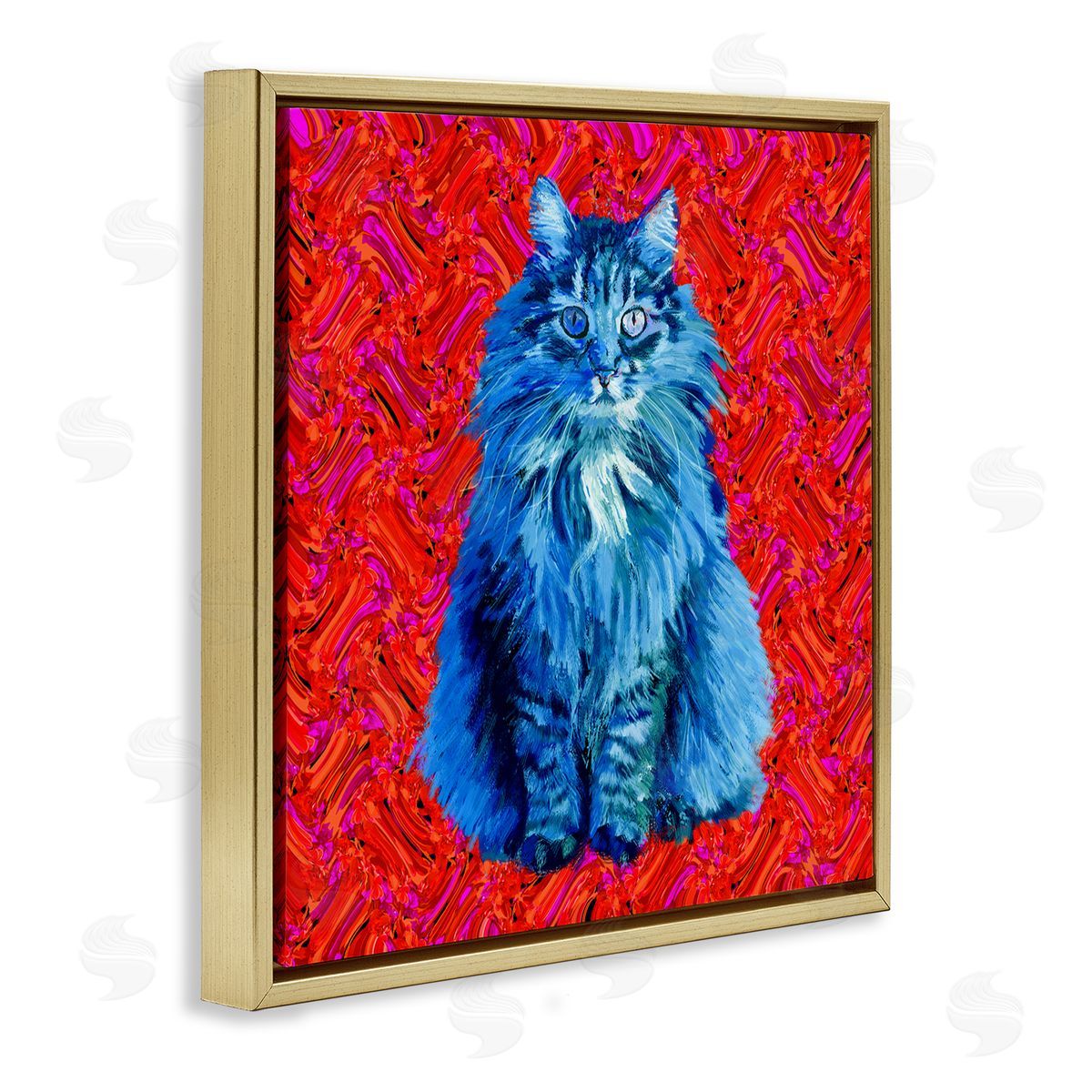 Lynnda Rakos Modern Pop Design Bold Red Blue Longhair Cat Gold Floating Frame Canvas Wall Art Print