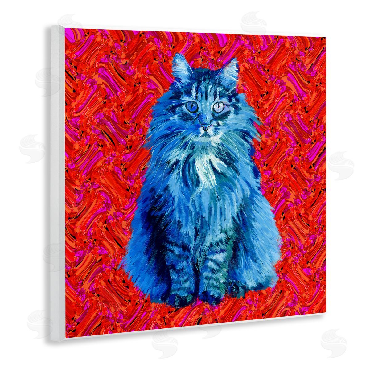 Lynnda Rakos Modern Pop Design Bold Red Blue Longhair Cat Wooden Wall Plaque Art Print