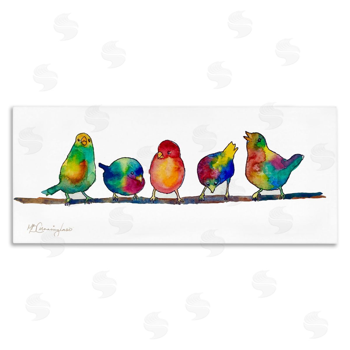 MB Cunningham Groovy Tie Dye Parakeet Birds Standing Branch 