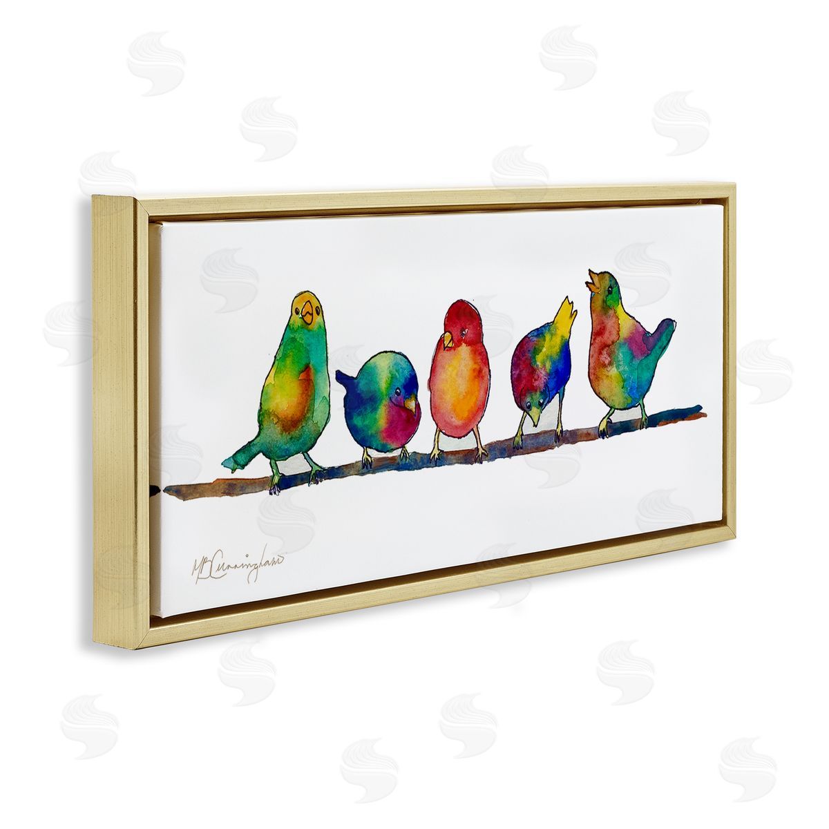 MB Cunningham Groovy Tie Dye Parakeet Birds Standing Branch 