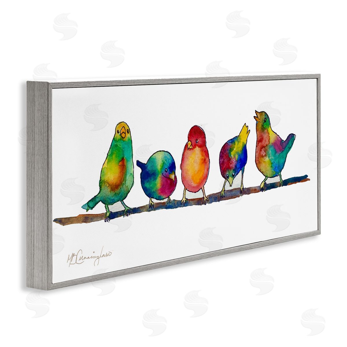 MB Cunningham Groovy Tie Dye Parakeet Birds Standing Branch 