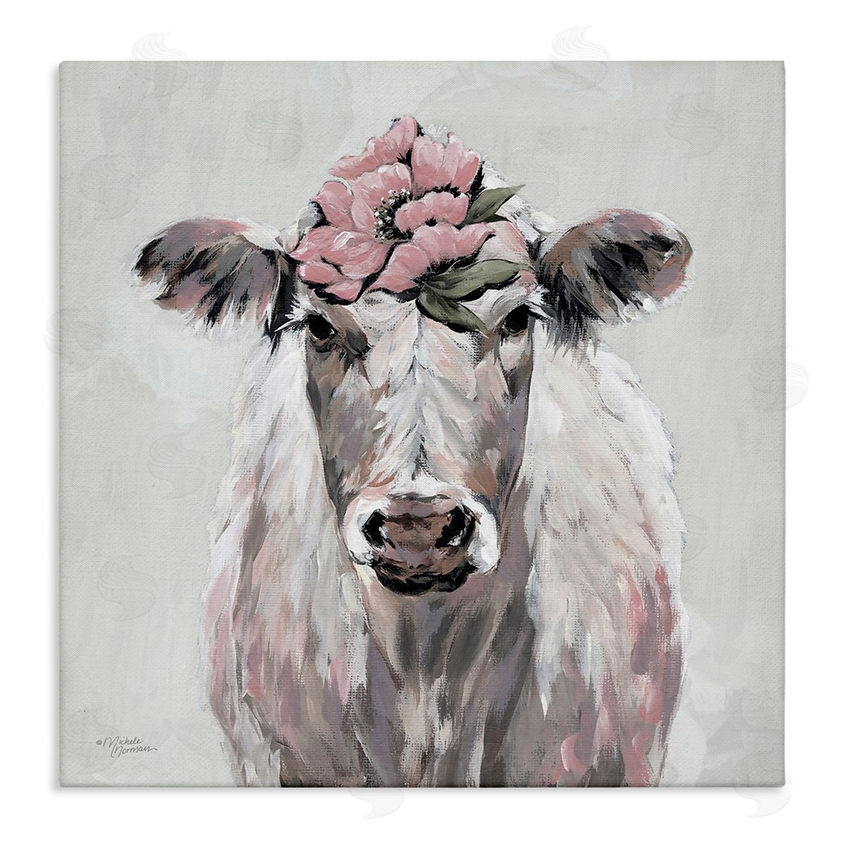 Michele Norman Cow Cattle Flower Blossom Botanical Painterly Illustration  Stretched Canvas Wall Art Print