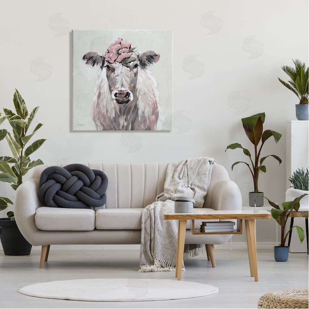 Michele Norman Cow Cattle Flower Blossom Botanical Painterly Illustration  Canvas Wall Art in Room